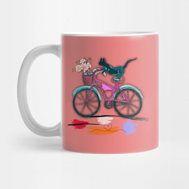 Tuxedo cat riding pink bike by LuluCybril